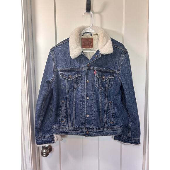 Levi's Womens Faux Fur Collar Ex-Boyfriend Trucker Jacket Oversized Blue XS - Picture 2 of 13